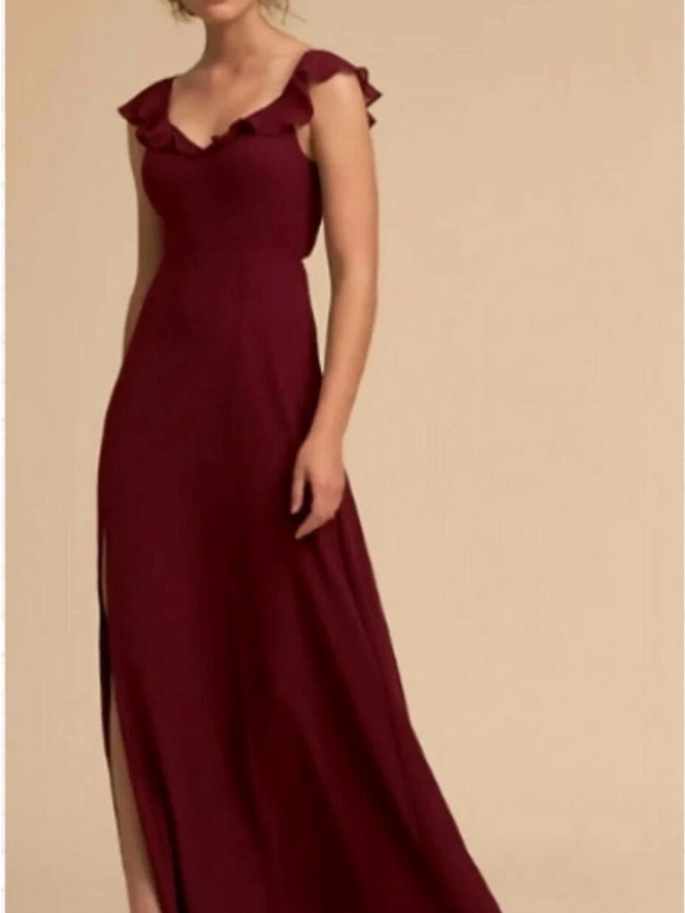 BHLDN Diana Dress - Chiffon Burgundy Ruffle Maxi Dress with Back Tie (like new)